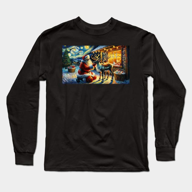 Santa & Reindeer Under Starry Skies - Van Gogh-Inspired Art Prints Long Sleeve T-Shirt by Edd Paint Something